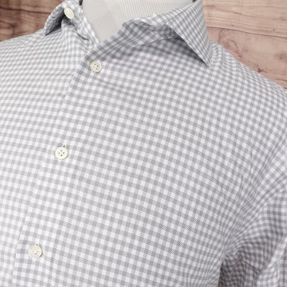 PRONTO UOMO NON-IRON GREY WHITE CHECK BUTTON UP DRESS SHIRT MENS 17.5 34/35 - Picture 2 of 6